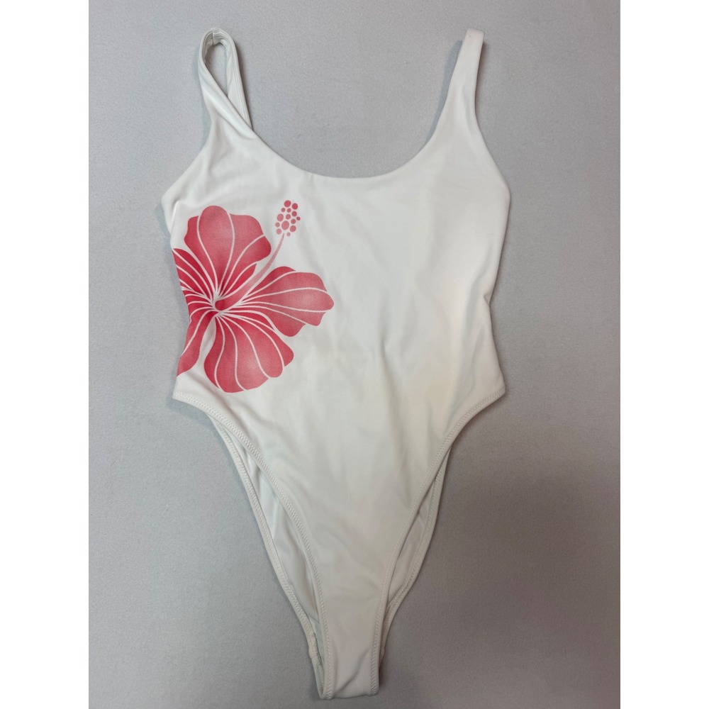 Hawaiian Tropic PacSun White Pink Hibiscus One Piece Swimsuit Small High Cut Leg